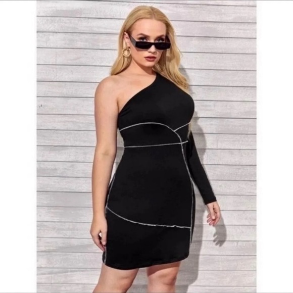 ONE SHOULDER STITCH TRIM DRESS - Picture 3 of 9
